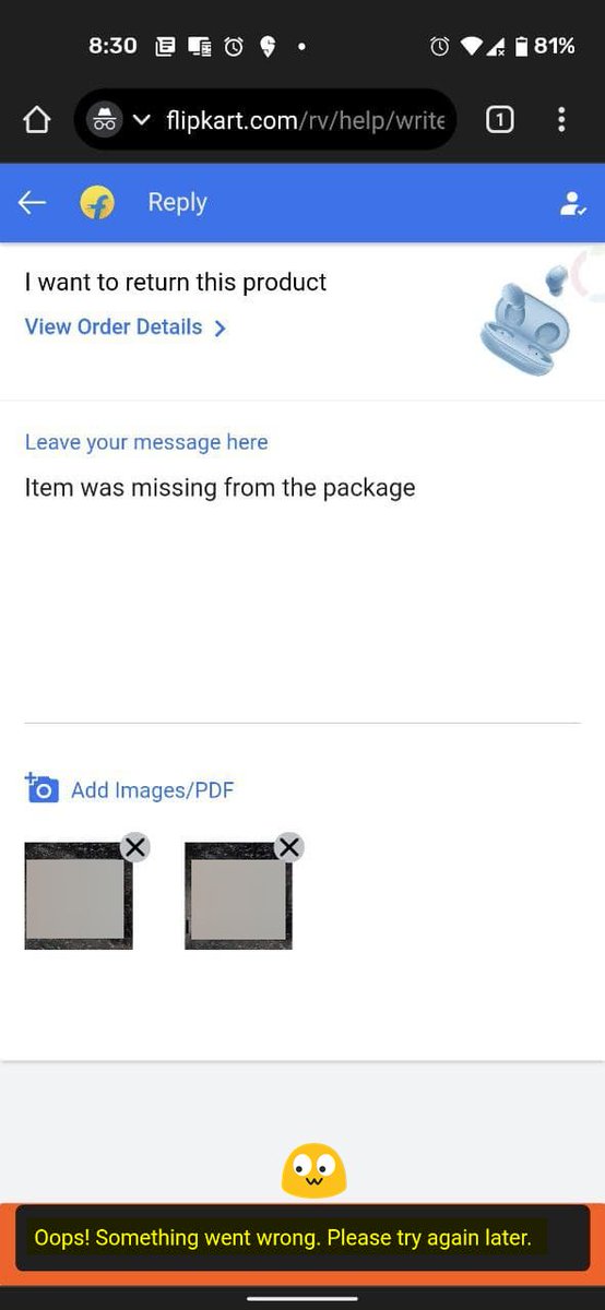 mindjek07's tweet photo. @Flipkart @flipkartsupport WTF is This -_-, I tried to upload my ID Proof from the Flipkart website and app and Email but Failed on all of it. https://t.co/xzcg2r94CO