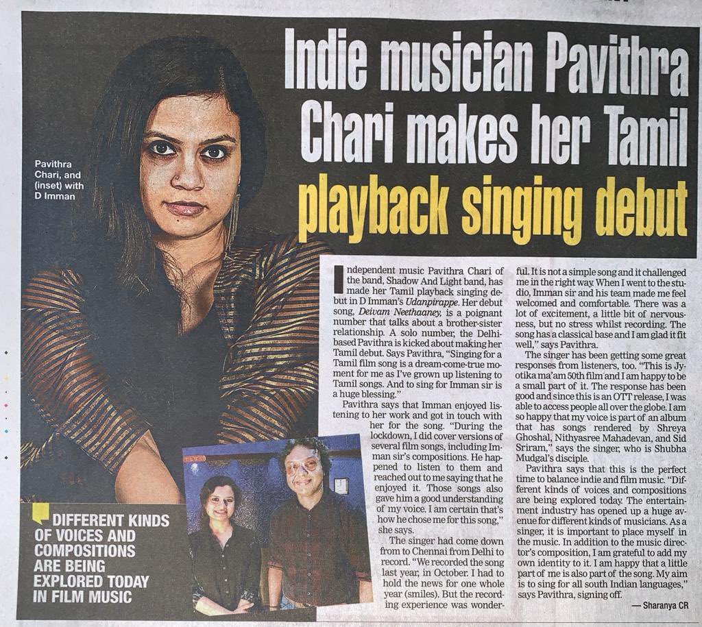 My playback debut Deivam Neethaane for Udanpirappe featured in @timesofindia @immancomposer @erasaravanan @Suriya_offl @SasikumarDir @YugabhaarathiYb ✨