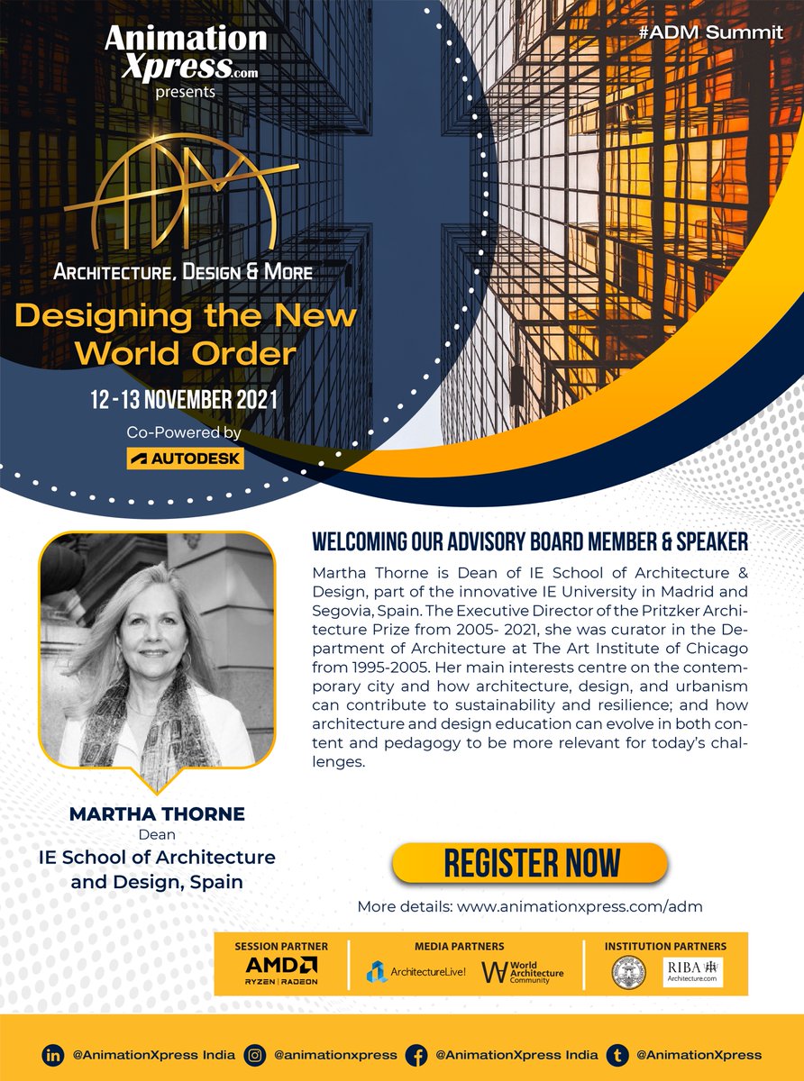 AnimationXpress's tweet photo. Welcoming ADM Summit's Advisory Board member and Speaker @martha_thorne, Dean, IE School of Architecture and Design, Spain | Join us on 12-13th Nov
Register Now: https://t.co/Xw81Yuns8Y
Know more: https://t.co/UqfpAzbTv0
#ADMSummit #architecture #design #ADM #animationxpress https://t.co/4PB84TPTCG