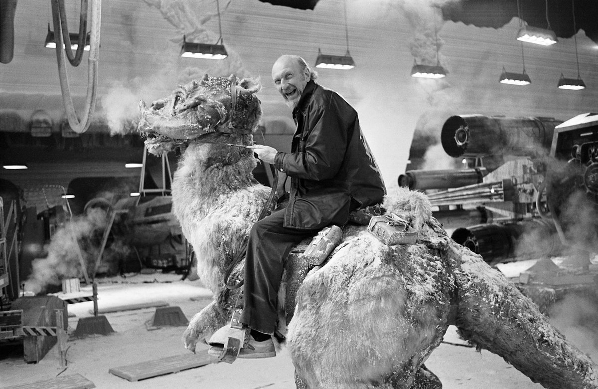 Director Irvin Kershner takes a Tauntaun for a spin around the set of 'The Empire Strikes Back'.
- Jamie