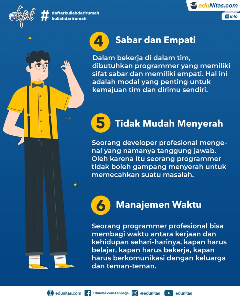 edunitas's tweet photo. Sebagai seorang programmer kerjaan kamu gak cuma mengerti gimana caranya ngoding. Oleh karena itu ada beberapa sifat yang harus kamu miliki sebagai programmer profesional, sebagai berikut :
#programmer #coding #sifat #tipsprogrammer #kampusswastaterbaik #infokampusterjangkau https://t.co/mdORRrbGRK