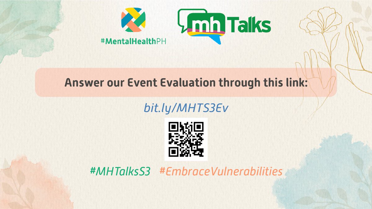 mentalhealthph's tweet photo. @ncmhhotline @qRStuvMojica @eyzeeh @mapoyaj @srhmndy @psyrown_ @migoyreyes_ @eM_sErotonin @MeisterVhin @Whenisayroanne @lovejonine Help us imoprove our next MHTalks
https://t.co/KoZwYv2eGc
#MHTalksS3 #MentalHealthPH https://t.co/mIaNKUiVy5