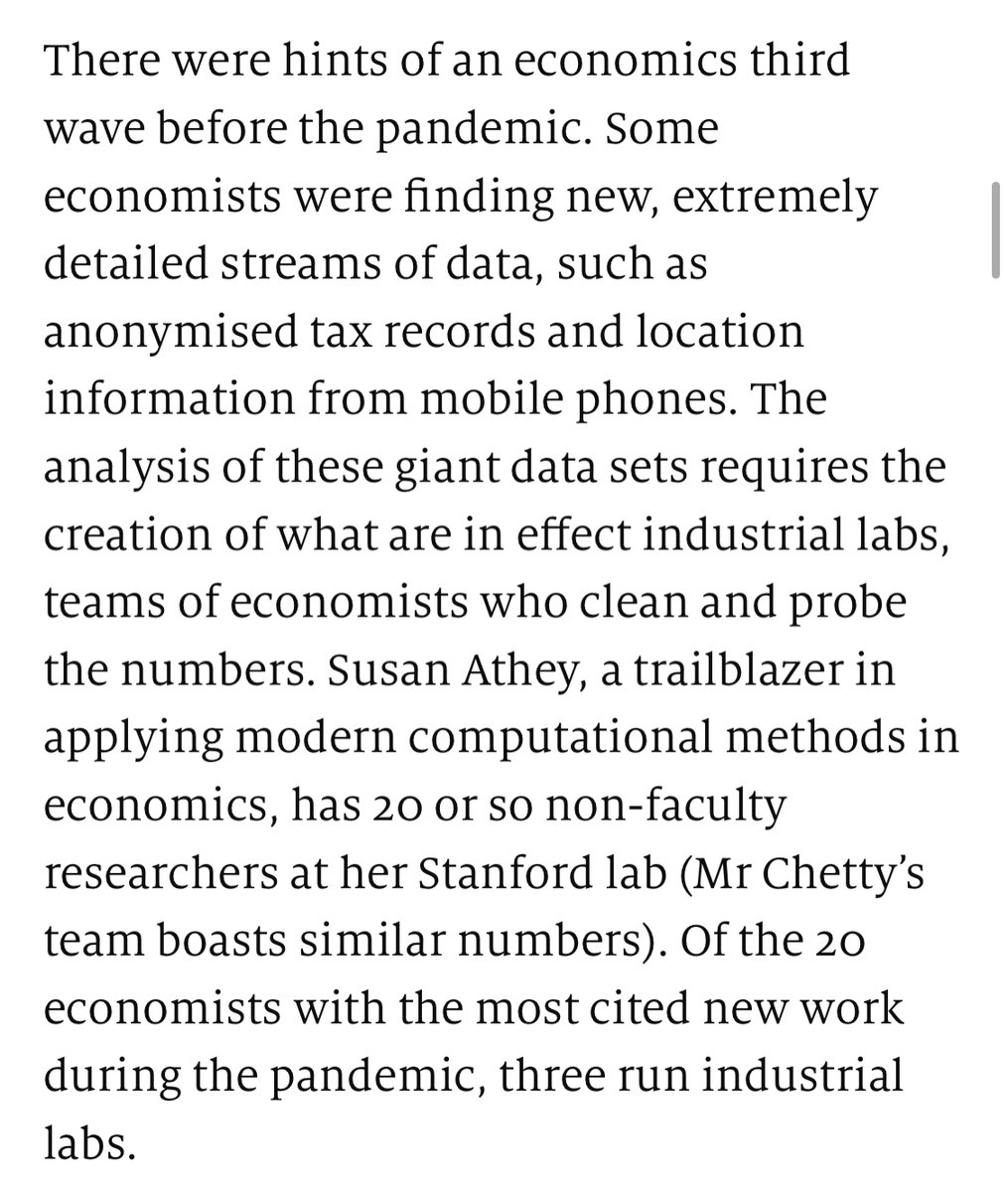"Real time economics"  
The Economist's brief about the impact of new/big data sources in economics makes several important points: 
1. Big data is industrialising economic research and (perhaps) making it more concentrated &amp; collaborative.
...

economist.com/leaders/2021/1…