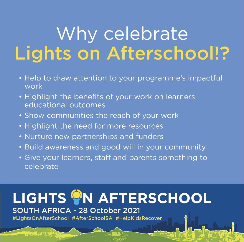 Charldutoit37's tweet photo. There are so many reasons to turn #LightsOnAfterSchool for #AfterSchoolSA programmes this year. Let’s #Helpkidsrecover! https://t.co/XHOyUkFRe8