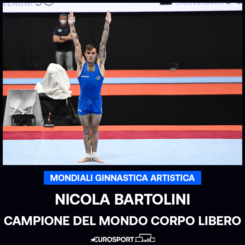 Eurosport_IT's tweet photo. NICOLA BARTOLINI CAMPIONI DEL MONDO!!! 😍🤸‍♂️🇮🇹

Con uno straordinario corpo libero, Nicola Bartolini è campione del mondo! L’Italia torna campione a 24 anni di distanza dall’ultimo sigillo di Yuri Chechi agli anelli  

#Ginnastica #Kitakyushu2021 https://t.co/MLrD7nxaUz