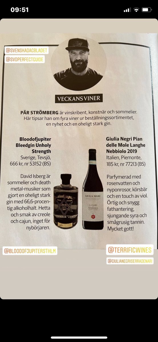 bloodofdavid's tweet photo. Topprecension o @SvDPerfectguide idag för min ena gin. Beställ nu #5315201 hos @systembolaget #bloodofjupiter #tevsjödestilleri #swedishgin #ginofdoom #swedishmetal https://t.co/891mj6QS4G