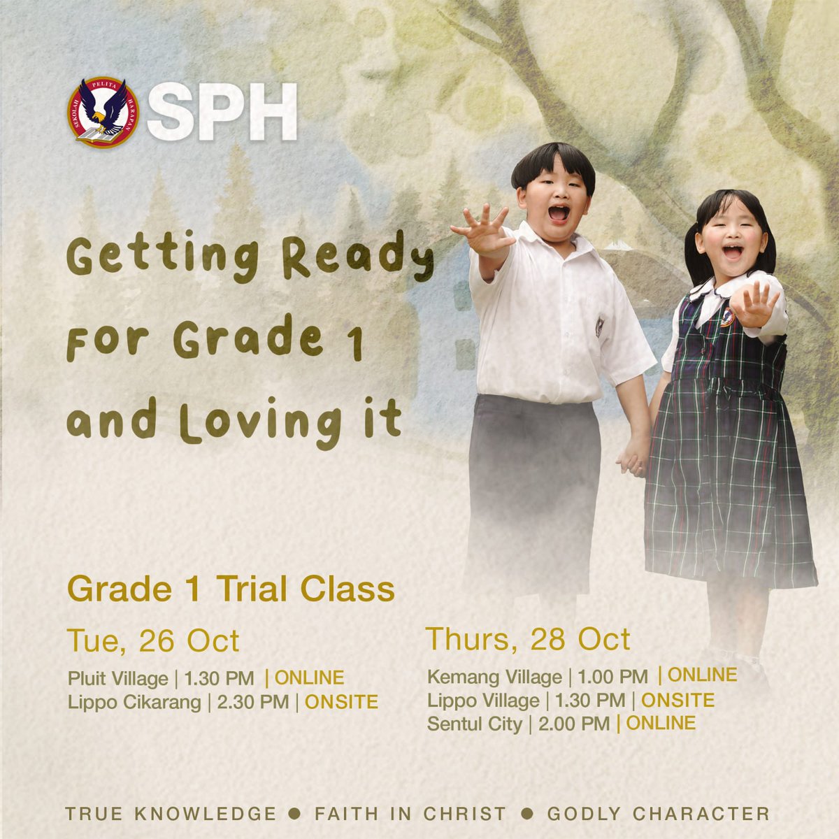 Grade 1 Trial Class at Sekolah Pelita Harapan
📆 Tuesday,26 Oct 21
📍Pluit Village 1.30 PM
📍Lippo Cikarang 2.30 PM

📆 Thursday,28 Oct 21
📍Kemang Village 1 PM
📍Lippo Village 1.30 PM
📍Sentul City 2 PM

Sign up and join our Trial Class through this link!
sph.edu/g1trialclass