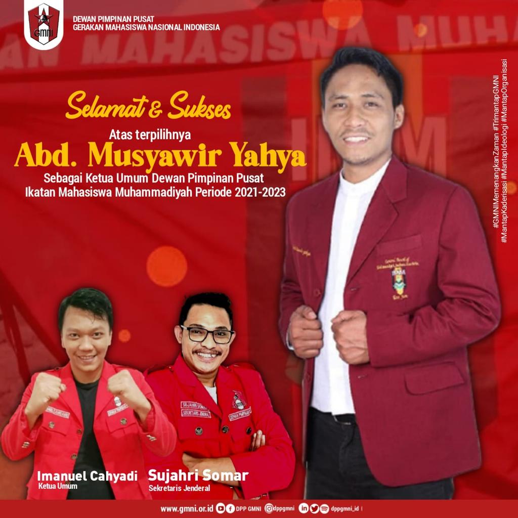 dppgmni_id's tweet photo. Selamat dan sukses kepada Abdul Musyawir Yahya atas terpilihnya sebagai Ketua Umum Ikatan Mahasiswa Muhammadiyah (Ketum DPP IMM) Periode 2021-2023.

#dppimm #imm #dppgmni #gmni
@new_welll @SomarSujahri https://t.co/NDMel4Y9RJ