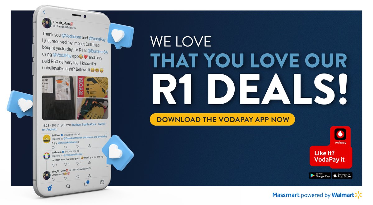 MassmartSA's tweet photo. There are great deals and then there are R1 deals. Keep an eye out for more of these amazing offers from @BuildersSA and @Makro_SA on @VodaPay! #VodaPayIt https://t.co/jpprA6SAF1