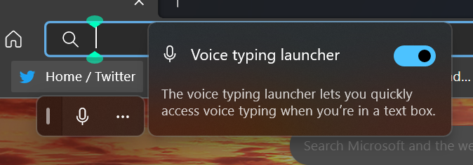 hminto's tweet photo. If you're on #Windows11, turn on the Voice Type Launcher.  As soon as you place your cursor in a text box it will appear.  And turn auto-punctuation on.  Game changer.   https://t.co/bMPCUS98Tg https://t.co/NS0ax9crQt