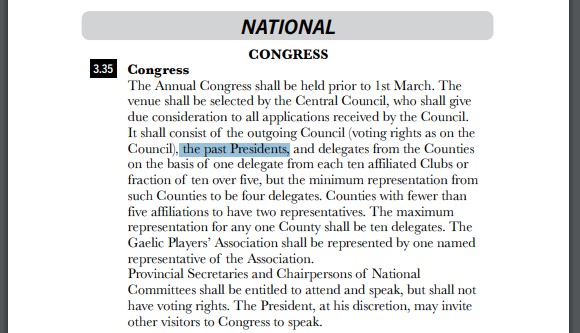eoinmooney's tweet photo. @willocallaghan @steven_miller12 Sorry for the questions. I can't stop digging! 🤣
Re: 7 votes for past presidents - can't find 7 in the rulebook, is it 1 vote per living past president?
This list has 9 still living: https://t.co/WdGQfOPwD0
So, with John Horan part of Central Council, would there not be 8 votes? https://t.co/3KDNWuUfdv