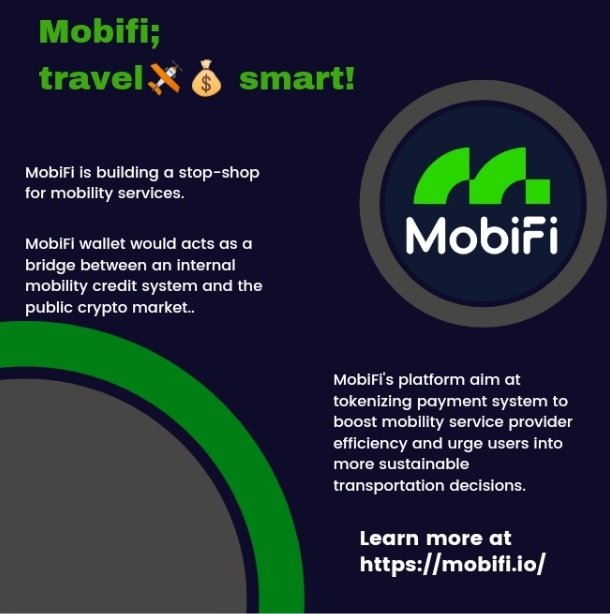 JaneSAW_Web3's tweet photo. When you think of traveling, think MobiFi!
@mobi_fi is building the transportation UX of the future.
Know this hiddengem today; know #Crypto and #DeFi.
#MobiFi #DeFi #mobifithegem https://t.co/2qOajB1X8G