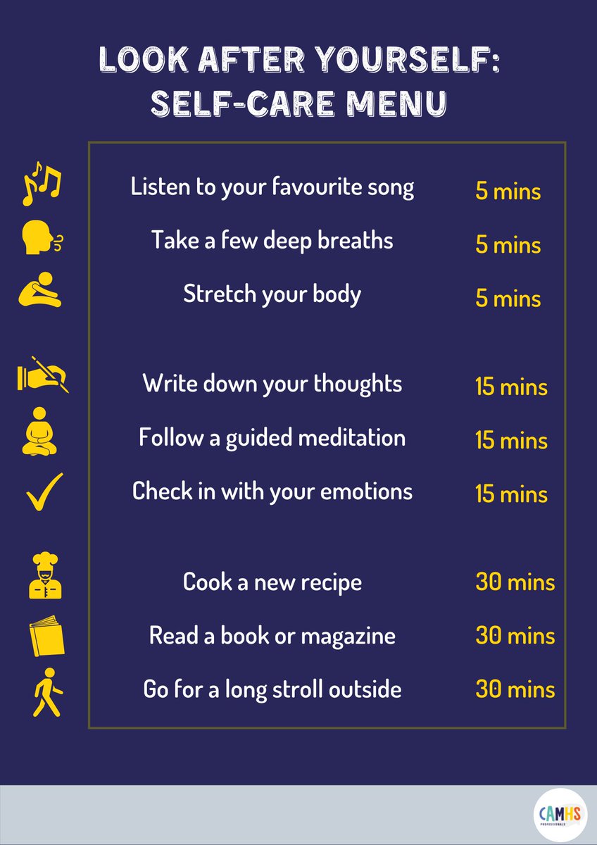 Why not try and take a little time for some self-care this half term?

Whether you have 5 minutes or 30, this self-care menu from <a href="/CAMHSPro/">CAMHS Professionals</a> has some simple ideas to help boost your wellbeing.