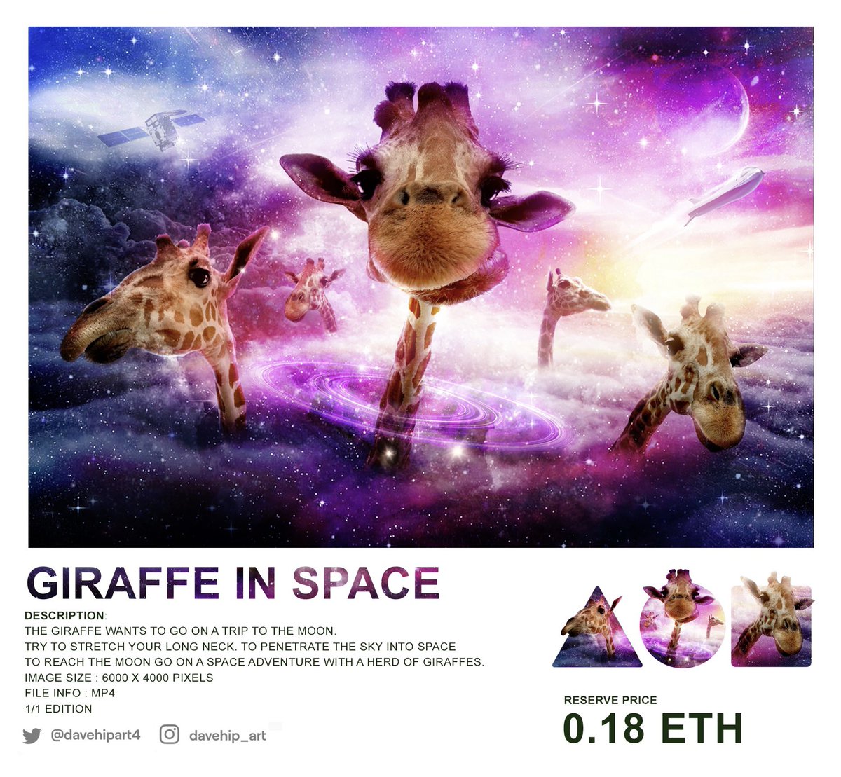 My 3rd work on @withFND
 Title: Giraffe In Space
available now on
foundation.app/@davehip_art/~… 
start bid Price. 0.18 ETH 
Thank you for support me .
#NFTART #NFTartists #NFTs #NFTCommunity #NFT #nftcollectors #NFTdrop #NFTcollection #ThaiNFT #Foundationapp #FoundationNFT