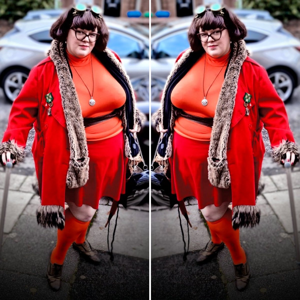 miss_lethal_gem's tweet photo. Morning, here's a very sleepy picture for you lovely to remind anyone going to Otley steampunk today, I shall be there hunting bad guys Velma style, look forward to catching up with everyone :-) #steampunkvelma #velmadinkleycosplay #lethalgem represented by @roguemodelsuk https://t.co/vrAGxfqp6Q