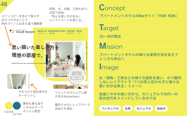 はち Webデザイン おはようございます 今日の デザイン考察 はアパートメントホテルのサイト 色んな図形や 整列していないレイアウトから 使い方は1つじゃない というコンセプトが感じられました キャッチコピーのガタガタ感も 面白い Web