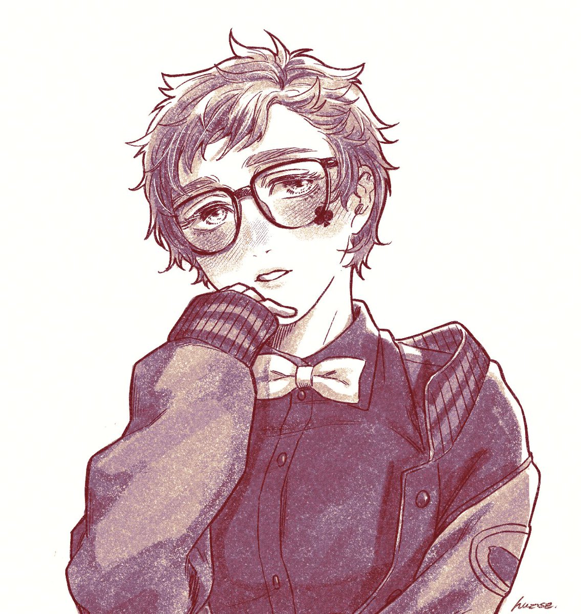 solo glasses bow male focus 1boy bowtie monochrome  illustration images