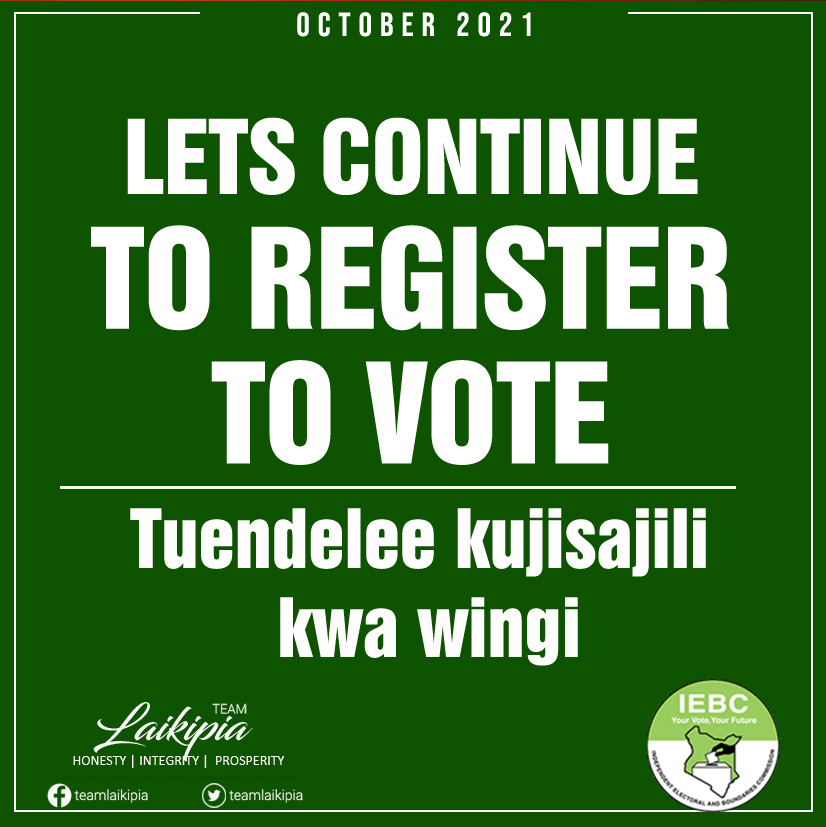 LaikipiaTeam's tweet photo. Registration is still ongoing. Lets continue to register to vote, whether you are a new voter or want to transfer. 
The future we need is only a vote away.
#NewDawn
#JohnWakabaGovernorLaikipia2022 https://t.co/c9j3XGpuD8