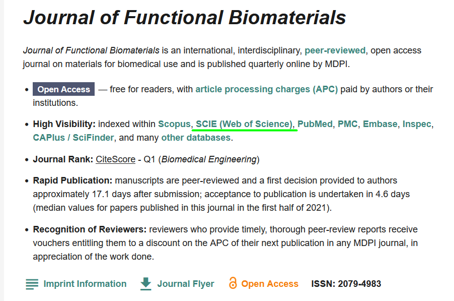 JFB_MDPI's tweet image. #mdpijfb 📢📢/Journal of Functional Biomaterials/ has been moved into the Science Citation Index Expanded (SCIE) in Web of Science. For more information, please click on the link mdpi.com/journal/jfb

#biomaterials #nanomedicine #polymers #dental #implants #bone #Drugs #Tissue