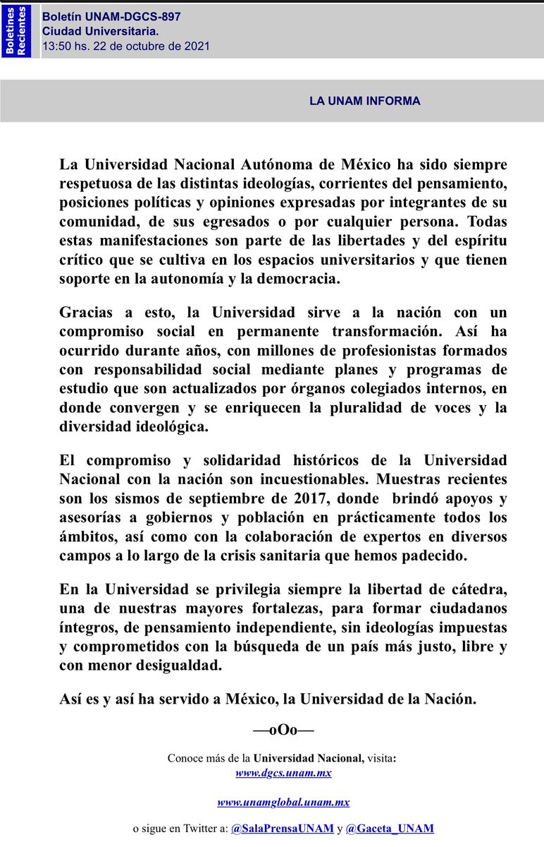 Primero atacó al <a href="/ITAM_mx/">ITAM</a> y el <a href="/CIDE_MX/">CIDE</a>. Ahora tocó su turno a la <a href="/UNAM_MX/">UNAM</a>. Las descalificaciones del Presidente <a href="/lopezobrador_/">Andrés Manuel</a> a las tareas y egresados de universidades ejemplares de México, evidencian que su régimen postula el oscurantismo y va en contra de la ilustración.