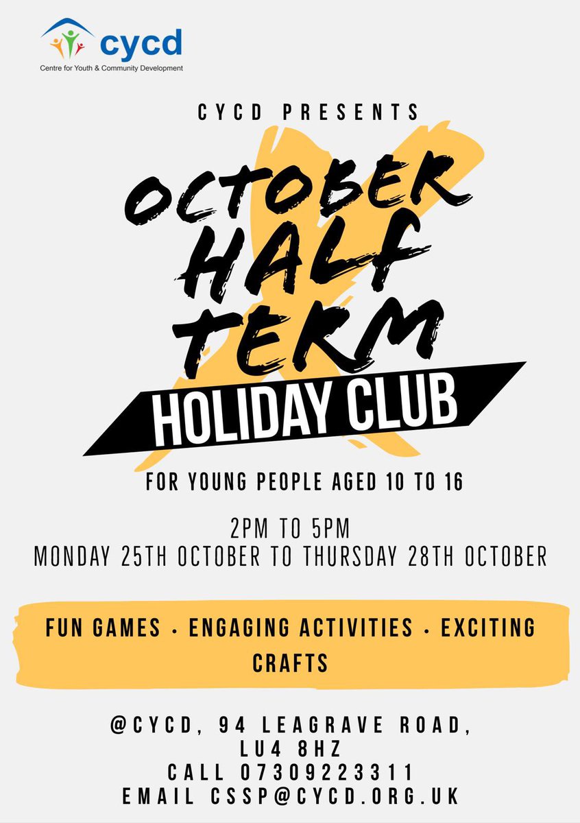 CYCD_Luton's tweet photo. It’s half term fun at CYCD starting on Monday at 2pm for young people aged 10-16 years. And it’s FREE. Registration on arrival. https://t.co/vKljR7Oo3i