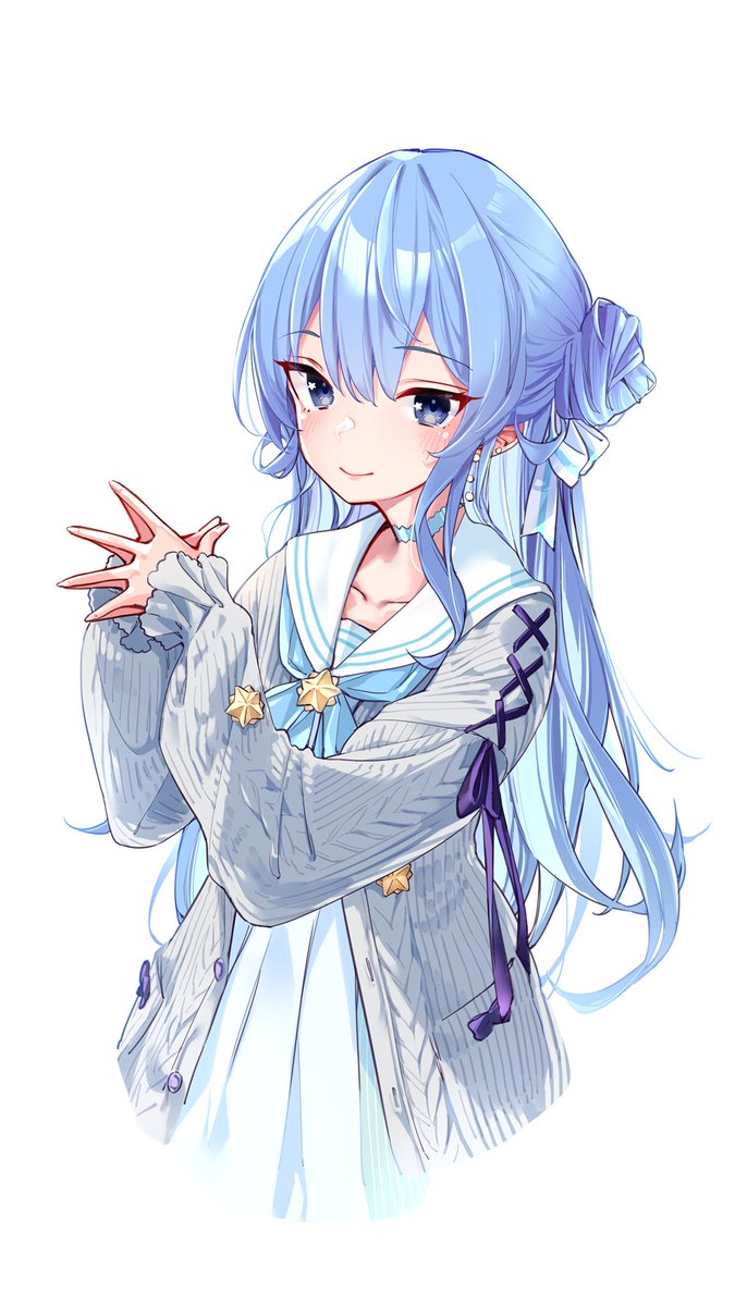 hoshimachi suisei 1girl solo blue hair long hair blue eyes white background grey cardigan  illustration images