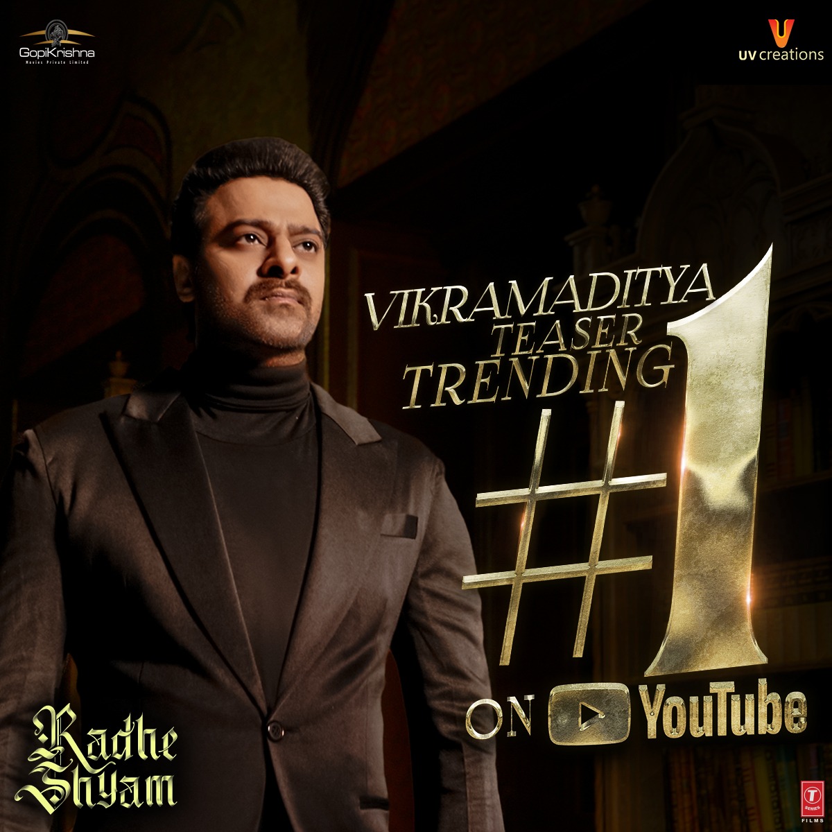telugufilmnagar's tweet photo. Vikramaditya Rampage Begins🌹💥!

#RadheShyam Teaser is TRENDING NO.1️⃣ on @YouTubeIndia

https://t.co/4uY7sNmgnR

#RadheShyamTeaser
#Prabhas @hegdepooja @director_radhaa @UVKrishnamRaju @UV_Creations @TSeries #BhushanKumar #Vamshi #Pramod @PraseedhaU @AAFilmsIndia @GopiKrishnaMvs https://t.co/LX1T5ugXRb