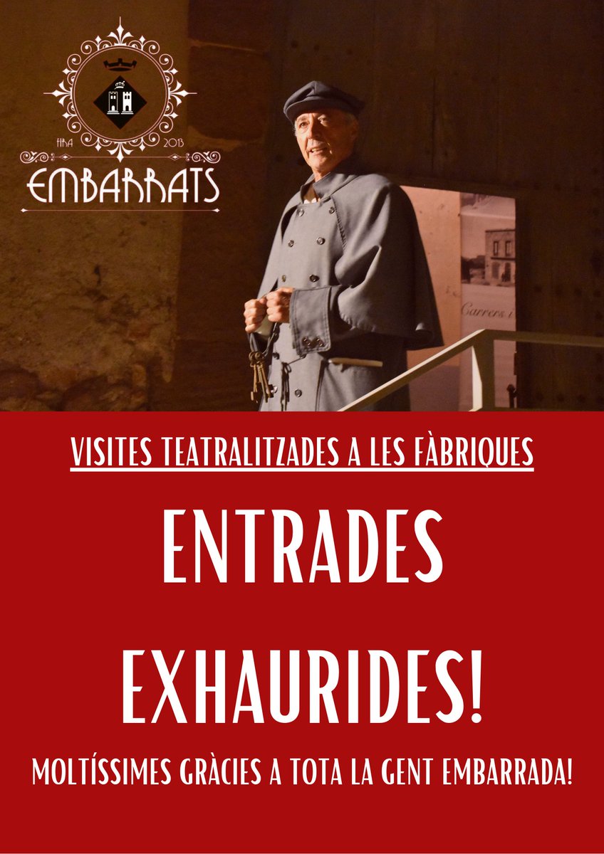 👏 Espectacular acollida a les visites teatralitzades a les fàbriques d'enguany. Entrades exhaurides ja al migdia!

♥️ Gràcies de tot cor. Amb vosaltres, Embarrats batega!

#embarrats2021 #tempsderevolta #embarratsbatega #somgentembarrada