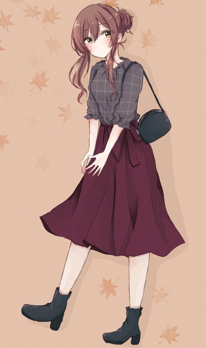 osaki amana 1girl solo skirt bag hair bun shirt plaid  illustration images