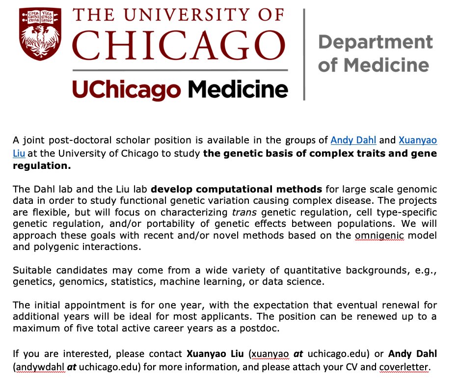 @andywdahl and I @Uchicago are jointly looking for a postdoc to work on computational methods to study functional genetic variations causing diseases. If you want to chat, please feel free to contact me or @andywdahl ! Please help retweet! #postdocjobs