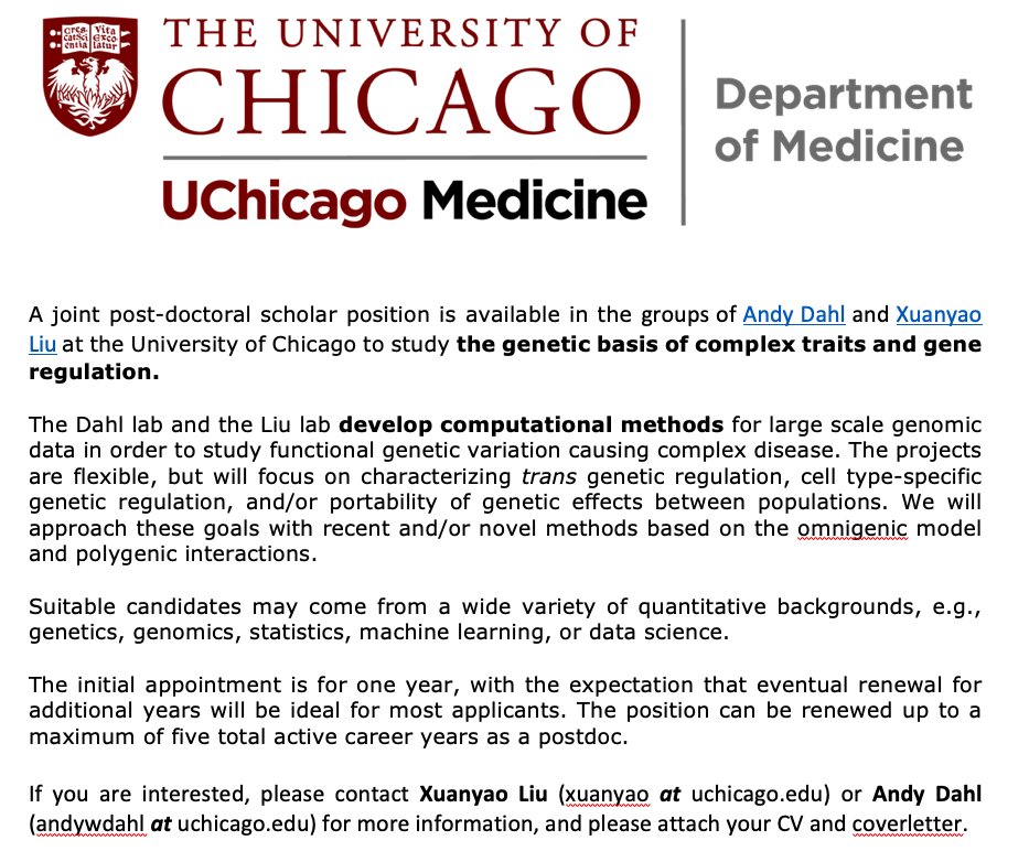 <a href="/andywdahl/">Andy Dahl</a> and I @Uchicago are jointly looking for a postdoc to work on computational methods to study functional genetic variations causing diseases. If you want to chat, please feel free to contact me or <a href="/andywdahl/">Andy Dahl</a> ! Please help retweet! #postdocjobs
