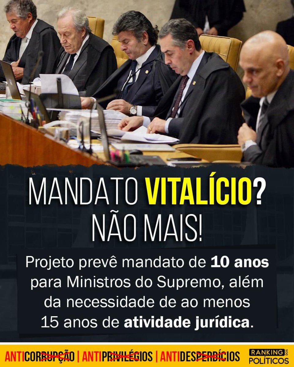 A alternância no poder precisa ser uma realidade no STF. A sociedade pede por mudanças e uma delas é o fim da vitaliciedade. Minha PEC 35 defende mandato de 10 anos e experiência de 15 anos na área jurídica, para um Supremo mais técnico e menos político. 
#OSenadorDoRioGrande