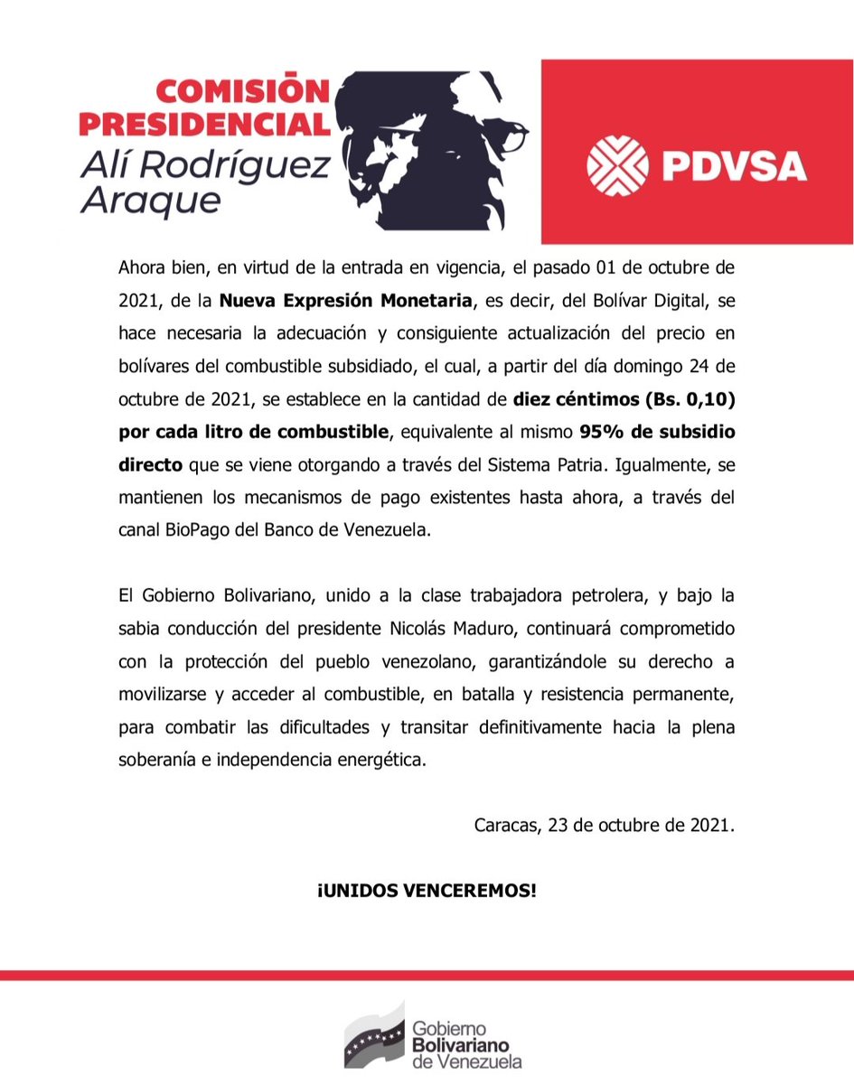 🇻🇪📰 La Comisión Presidencial "Alí Rodríguez Araque", informa a la opinión pública sobre la reciente adopción de la medida de actualización del precio del litro de combustible subsidiado.