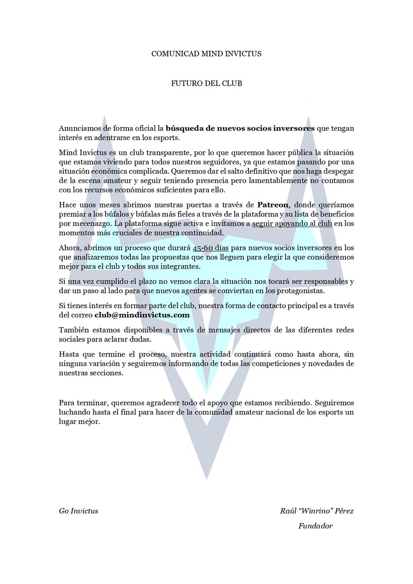 MindInvictus's tweet image. Comunicado oficial - Futuro del club