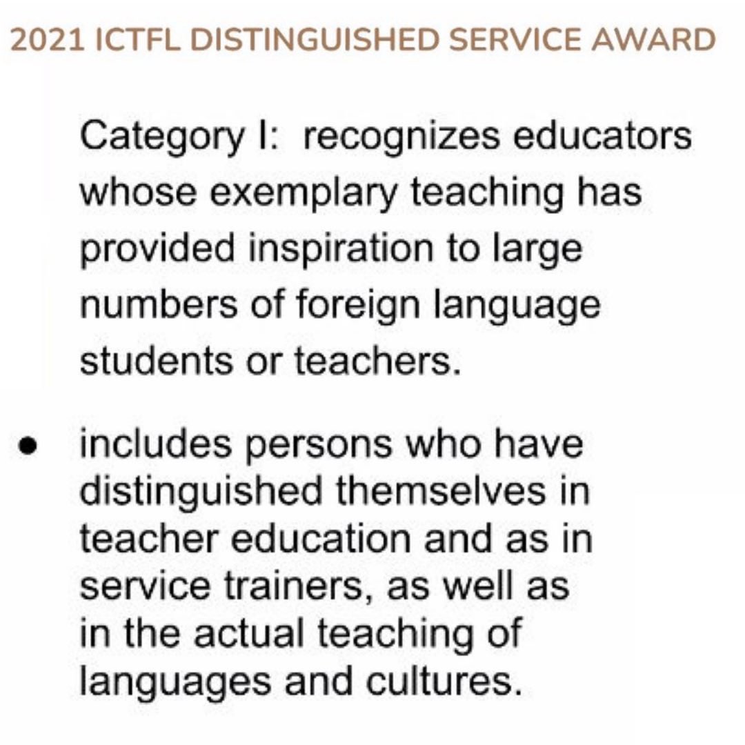 So this happened yesterday!I have been awarded the 2021 ICTFL Distinguished Service Award for Excellence in Teaching in Illinois. 🤩🤩
Thank you <a href="/ICTFL/">ICTFL</a>
