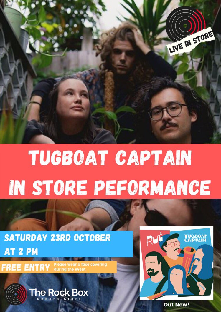RockBoxRecords's tweet photo. TODAY! @tugboatcptnband play instore at 2pm. It’s completely free so why not pop into town for some lunch and follow it up with some live music? See you there! 
~
#tugboatcaptain #livemusic #recordshop  #newmusic #camberley #surrey #surreyheath @LoveCamberley @TheSquareCamb https://t.co/dWqw9se7Mb