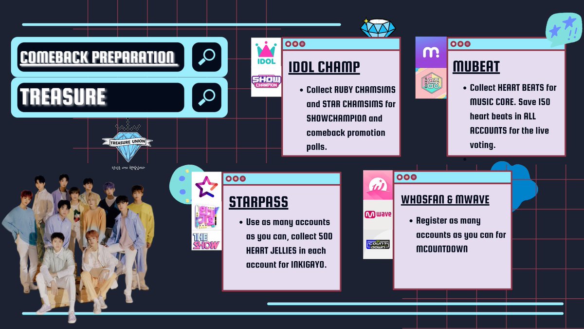 TreasureVotes's tweet photo. [📣] COMEBACK PREPARATION

Are your accounts ready for Treasure's comeback? Collecting on Mubeat and Starpass at the last minute won't do. It is live voting! Please don’t ignore these two voting apps.

#TREASURE @treasuremembers https://t.co/MVJN5D70GG