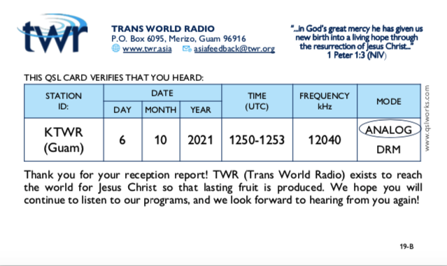SuzuDen240koho's tweet photo. #TransWorldRadio #TWR Guam から
#ベリカード が届きました。

受信年月日：2021年10月6日
受信時間：12時50分〜12時53分(UTC)
周波数：12,040kHz
受信地：Thailand

今回も eQSLを希望しました。
とても綺麗な夕日（たぶん）とアンテナ群です。 

#BCL #短波放送 #KTWR https://t.co/p37SMudPr6