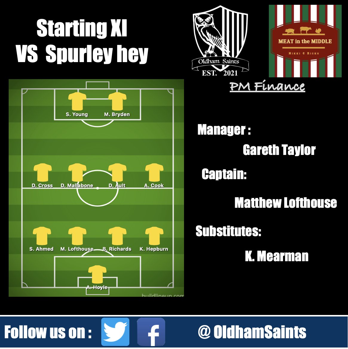 MATCH DAY!⚽️
We return to football in the @LandCAFL  for a match against <a href="/SPURLEYHEYFC/">Spurley Hey FC</a>. We return after a good competition out last week. 

We look to carry on our previous meetings form and return with 3 points

Thank you to our sponsors Meatinthemiddle Butchers &amp; PM Finance!