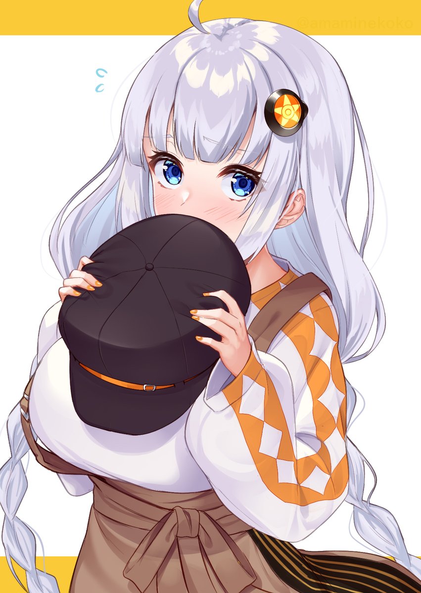 kizuna akari 1girl solo headwear removed long hair blue eyes hair ornament holding  illustration images