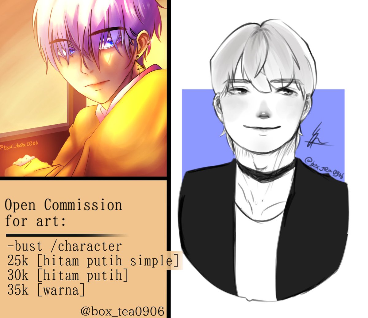 box_tea0906's tweet photo. open commission..!!!

open art commission untuk headshot/kepala, bust/dada, and half body/setengah badan...untuk di indonesia dulu [for Indonesian only]

untuk pembayaran :
-gopay
-ovo
- shopee
- BRI
- BCA
[nambah 10k untuk setiap aksesoris] https://t.co/Zg3ucQSweg