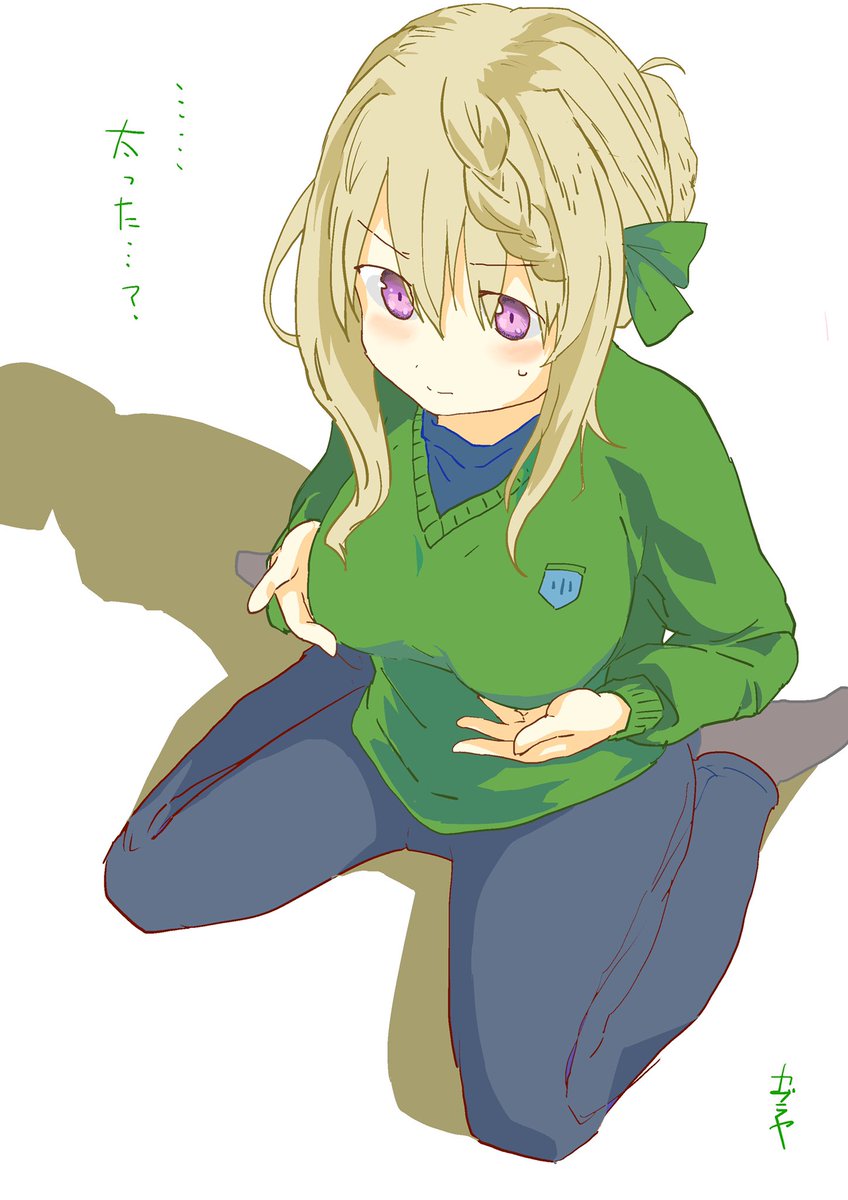 perth (kancolle) 1girl solo blonde hair braid braided bun pants sweater  illustration images