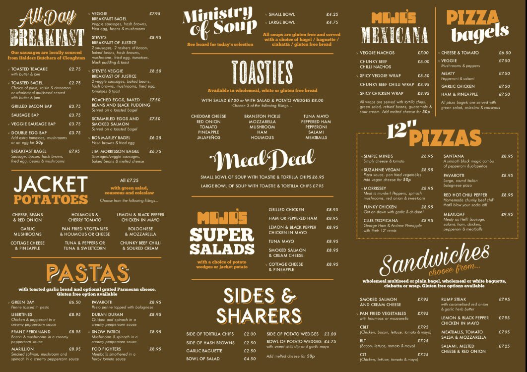 MojosCafe's tweet photo. Posting up the menu for your perusal, lots of veggie, vegan and gluten-free options, plus oat, almond, soya and coconut milk too.
Everything can also be takeout no problem, call 01723 503666 to order 😉 https://t.co/rEM2V8nBPr