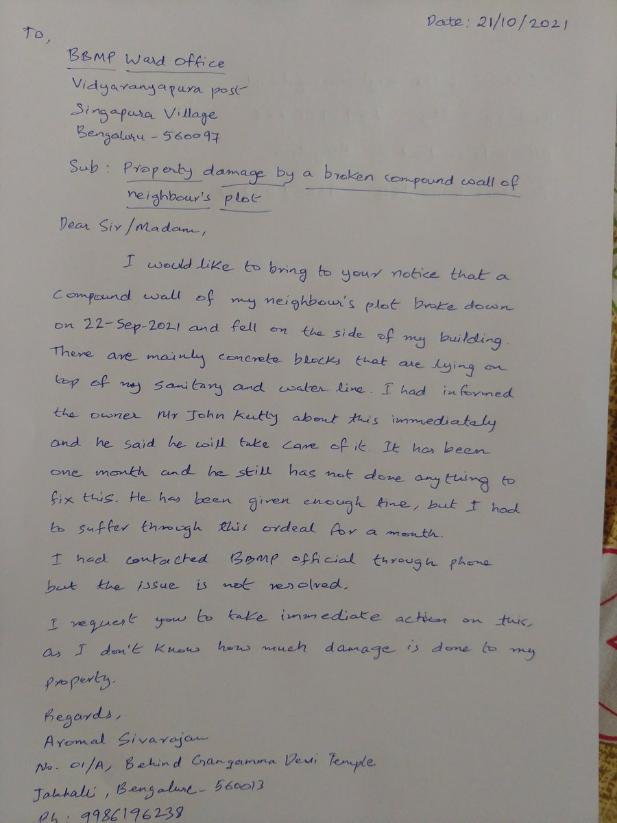 ar654's tweet photo. @BBMPCOMM @BBMPAdmn @BBMPSWMSplComm  @BangaloreMirror 
I had raised a complaint with BBMP reg a compound wall that broke and fell to one side of my house. Attached photo of the complaint and photos showing damage to my property! 
It has been 1 month and no resolution. Pls help! https://t.co/9y1osA2AeA