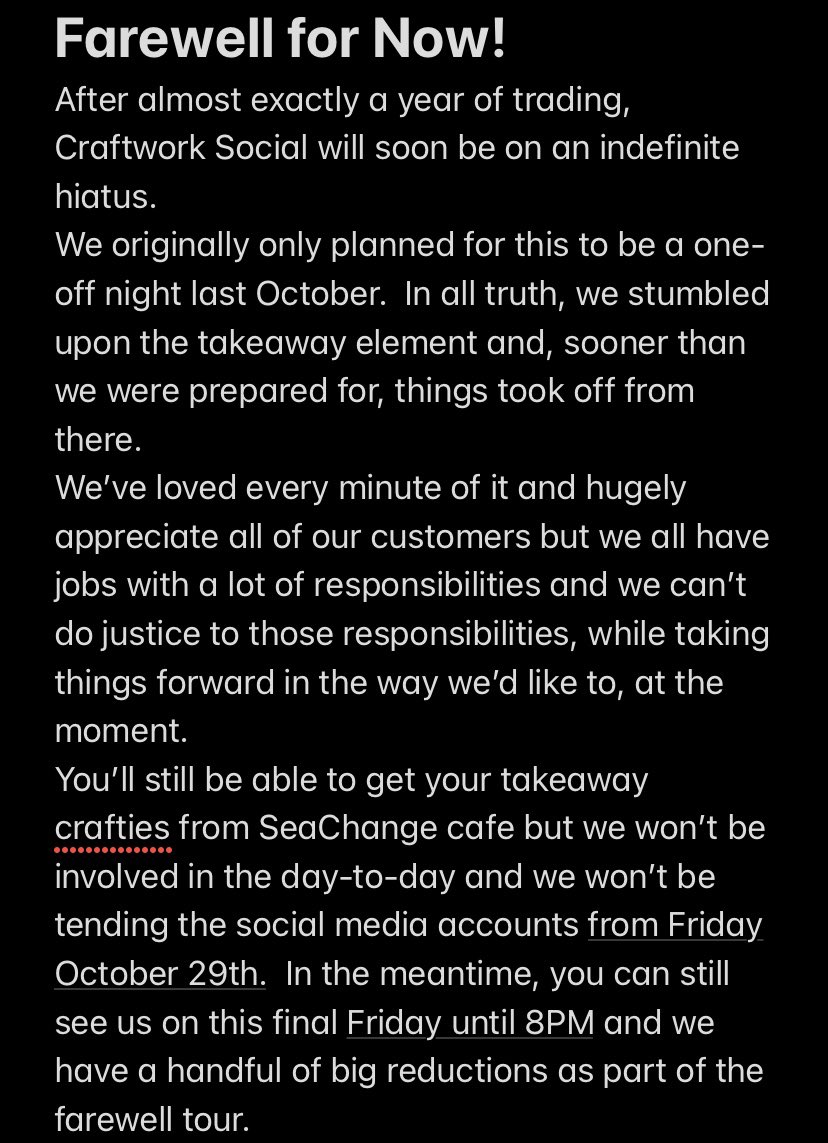 CraftworkSocial's tweet photo. It’s not goodbye (or it might be goodbye, who knows?).We have an announcement and a sale to break through those pre-pay day blues.Get along to @SeaChangeCIC during their normal hours of 9-4 Tues-Sat or join us this coming Friday for our final late one for the foreseeable future https://t.co/kYccT2I2q2