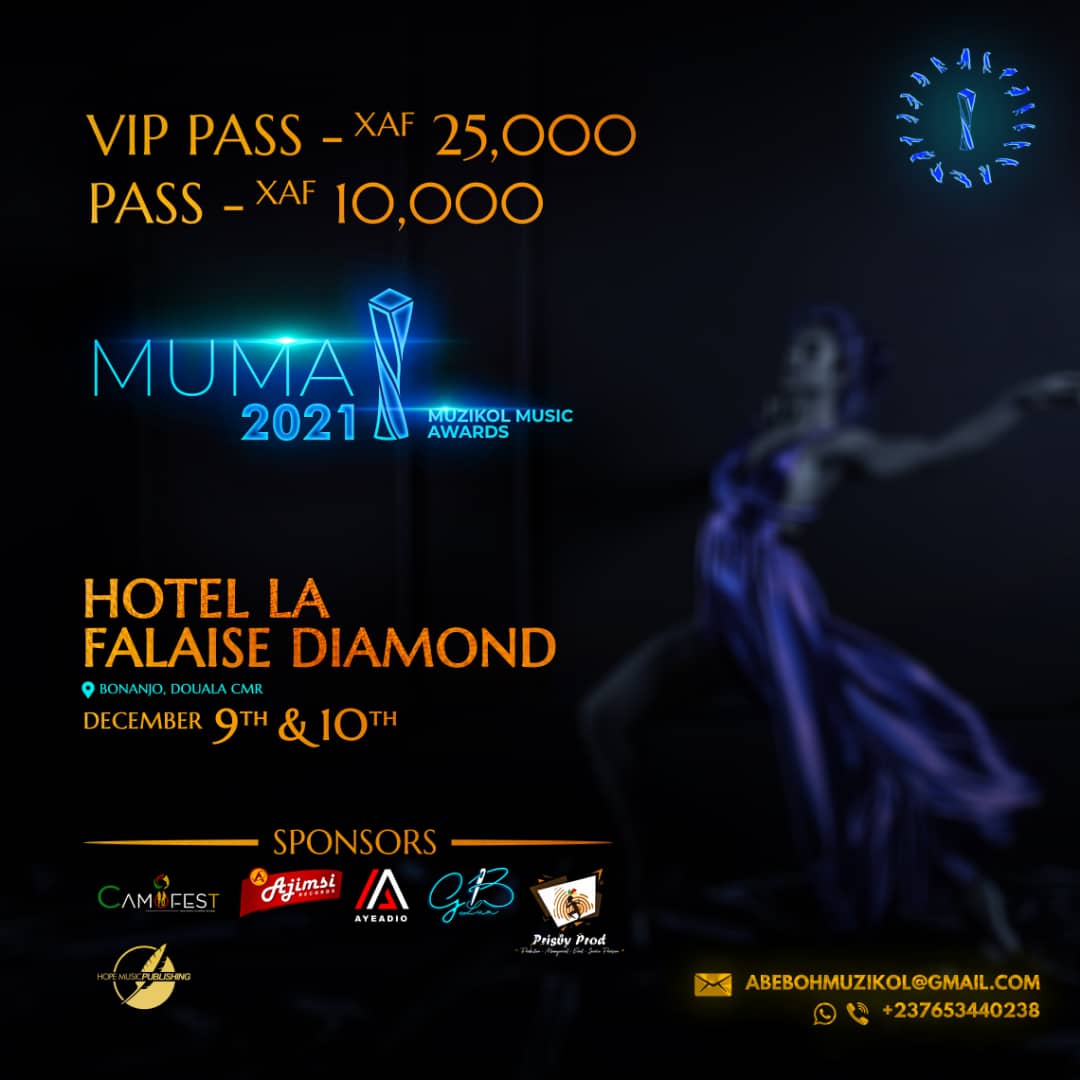 We at Muzikol Music Awards  have decided to make our Awarding ceremony very accessible to all this year. Tickets shall be available soon at 10,000FCFA and 25,000FCFA. stay tune for updates and all roads lead to Hotel Diamond  Bonajo - Douala 

#MUMA2021