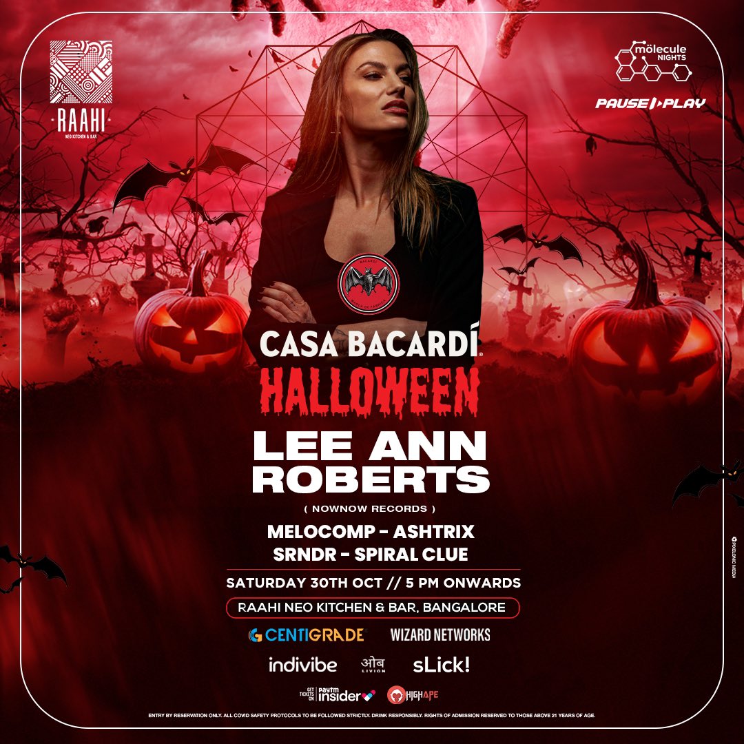 MoleculeNights's tweet photo. Creating a spine tingling experience along with great exhilaration at Raahi - Bangalore for Casa Bacardi Halloween. Amsterdam based Techno DJ/Producer @leeann_roberts is joining us too. Get your uncanny outfits and be there with your tribe. #Halloween #music #nightlife https://t.co/sxqw5sF1VR