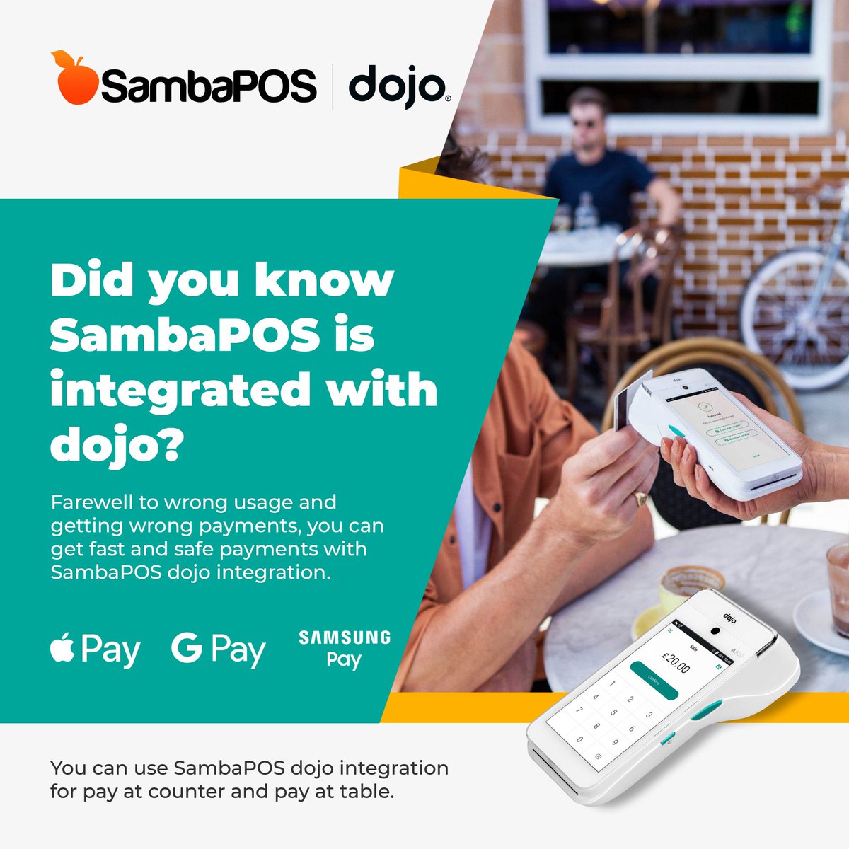 Did you know SambaPOS is integrated with dojo?
Farewell to wrong usage and getting wrong payments, you can get fast and safe payments with SambaPOS dojo integration.

You can use SambaPOS dojo integration for pay at counter and pay at table.
