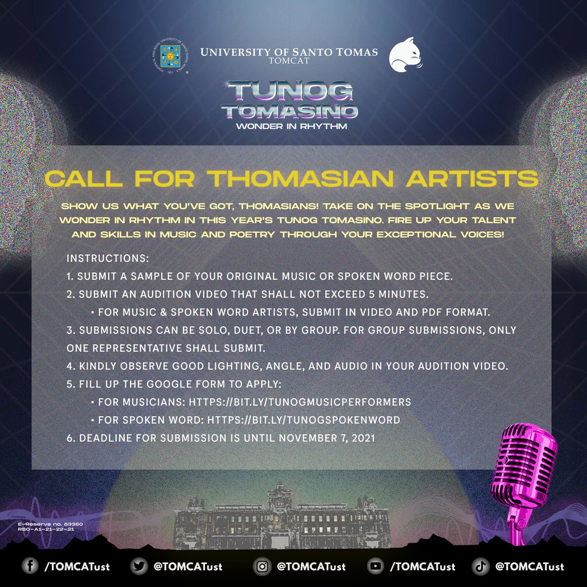 TOMCATust's tweet photo. Are you ready to #WonderInRhythm?
We are calling all Thomasian artists to perform at #TunogTomasino2021!
Empower your talent in celebrating the uniqueness of Thomasian art and uplift the minds and hearts of the audience through music and poetry. https://t.co/deU6SNMVWk