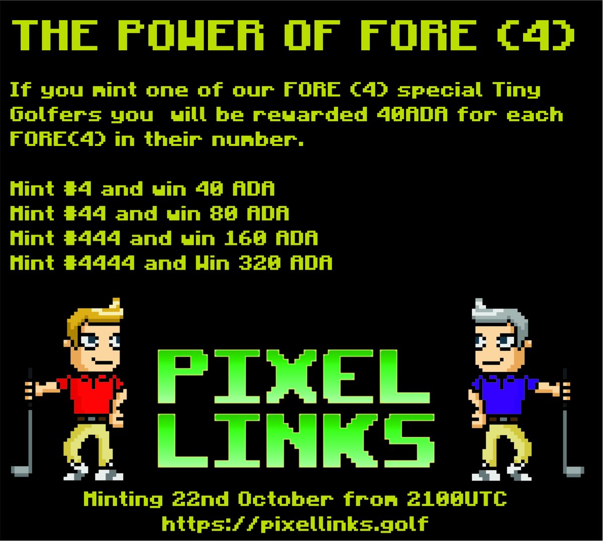 Pixellinksgolf's tweet photo. ALL of our FORE (4) Golfers are still unminted - if you mint one you could WIN BIG! Plus we have BATTLE GOLF coming soon !!!! #CardanoGaming #CNFT #TinyGolfers https://t.co/WytWi4CXCL